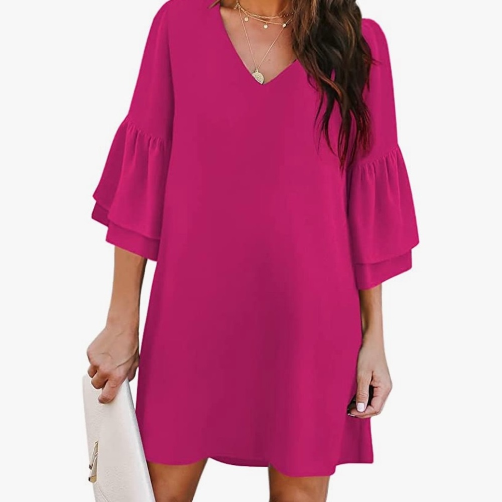 Belongsci Women’s Dress Sweet & Cute V-Neck Bell Sleeve